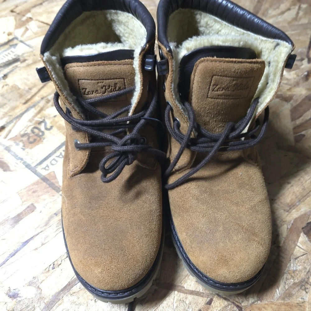 NWT Zara Kids Boys Brown Suede Faux Fur Lined Winter Boots Size 37 EU US 4.5‎